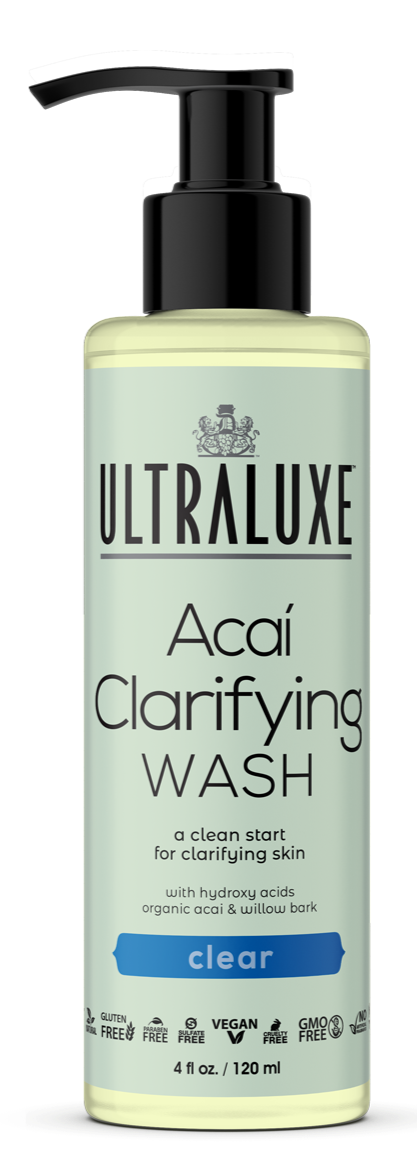 Bottle of Acai Clarifying Wash | Ultraluxe Skincare with a black pump, designed for clarifying skin, featuring organic acai, hydroxy acids, and willow bark for a clean skincare routine.