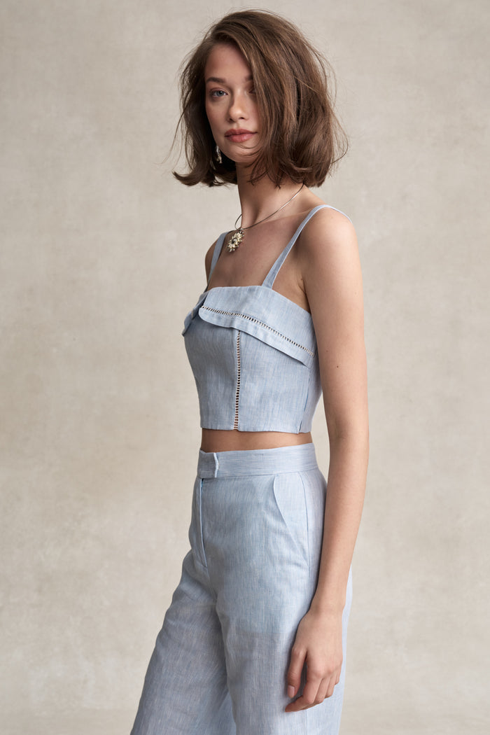HEVRON Alba Top Sky Blue Linen Bustier Top, studio shot