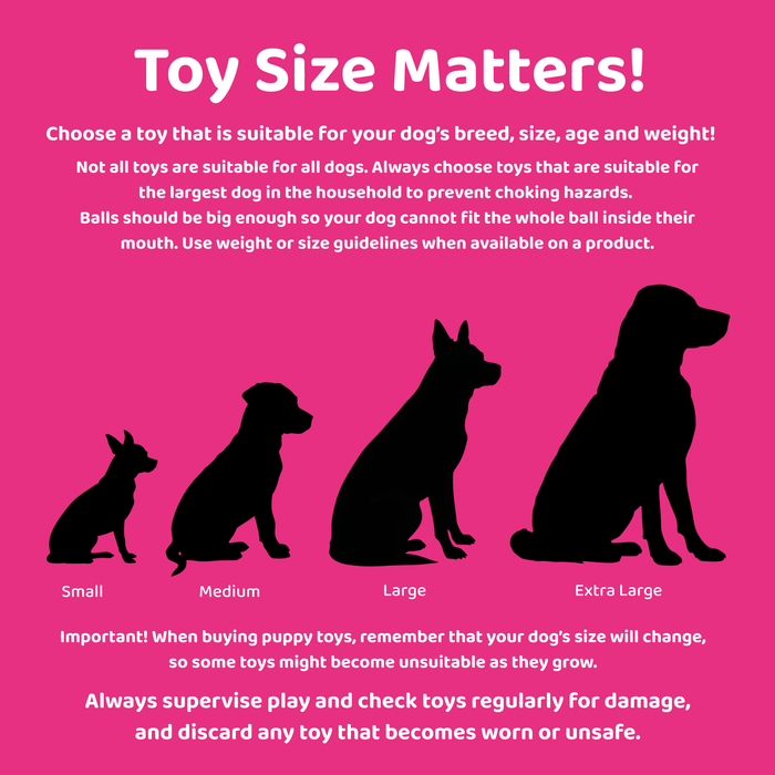 Pink background with white text with a safety notice about choosing the right toy for your dog. With four silhouettes of different sized dogs.