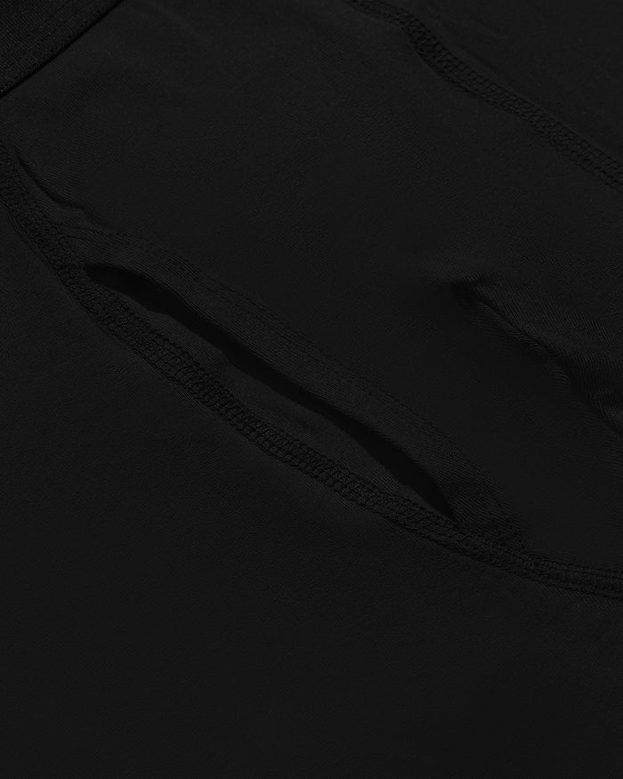 Black Boxer Briefs W/ Fly 6-Pack, close-up of stretchy fabric and seams.