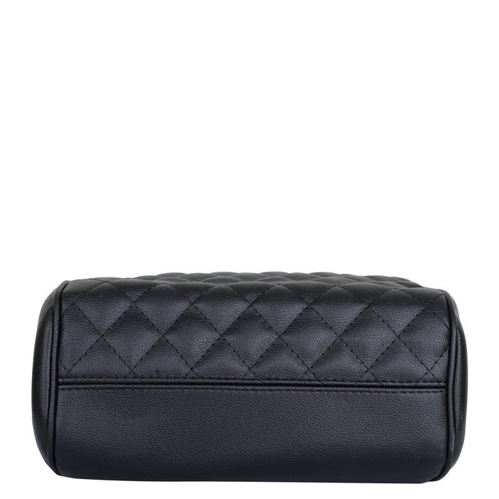 Women’s black quilted vegan leather top handle satchel shoulder crossbody bag-bottom image