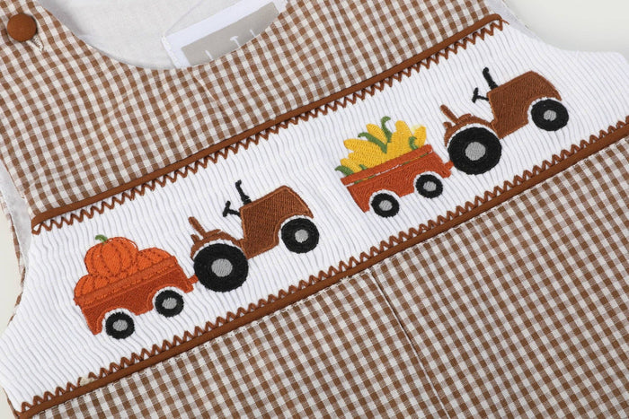 Brown Gingham Pumpkin and Corn Tractor Smocked Overalls - Premium from Lil Cactus - Just $34.95! Shop now at Pat's Monograms