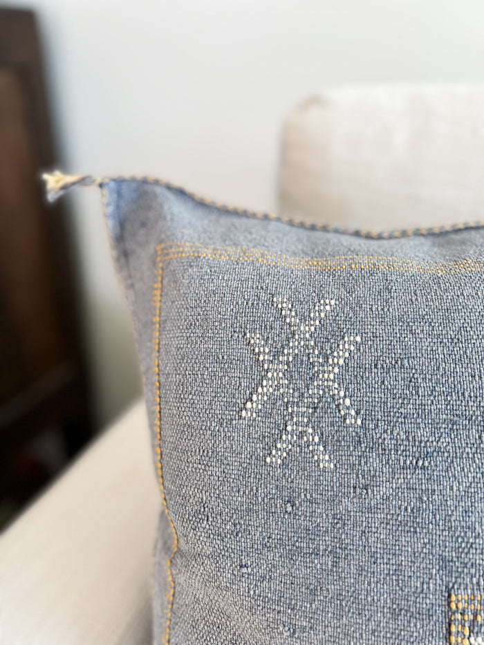 Artisan Handmade Moroccan embroidered cactus silk sabra pillow blue handwoven