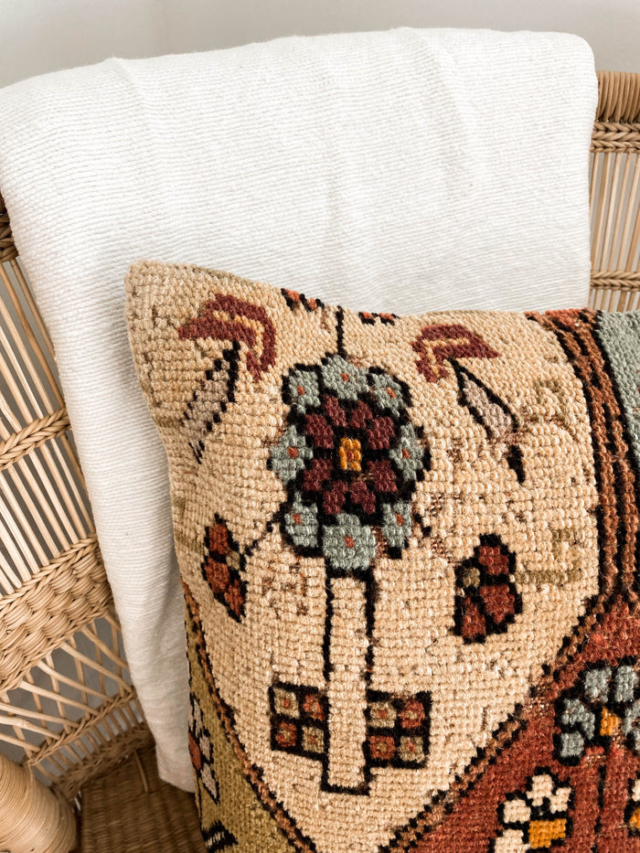 Drako Handmade Turkish oushak pillow cover made with vintage rugs 18x18 brown blue