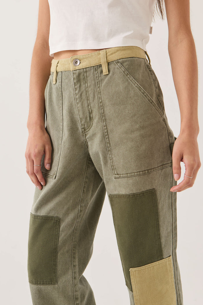 Women's Essex Patchwork Painter Pant in the color Vintage Olive Patchwork - Additional Fit image