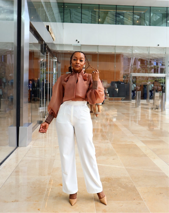 organza blouse for women, sheer bow blouse, FabroSanz statement tops, blush pink formal blouse, puff sleeve organza shirt, romantic fashion tops, luxury sheer blouse South Africa, high-fashion feminine style