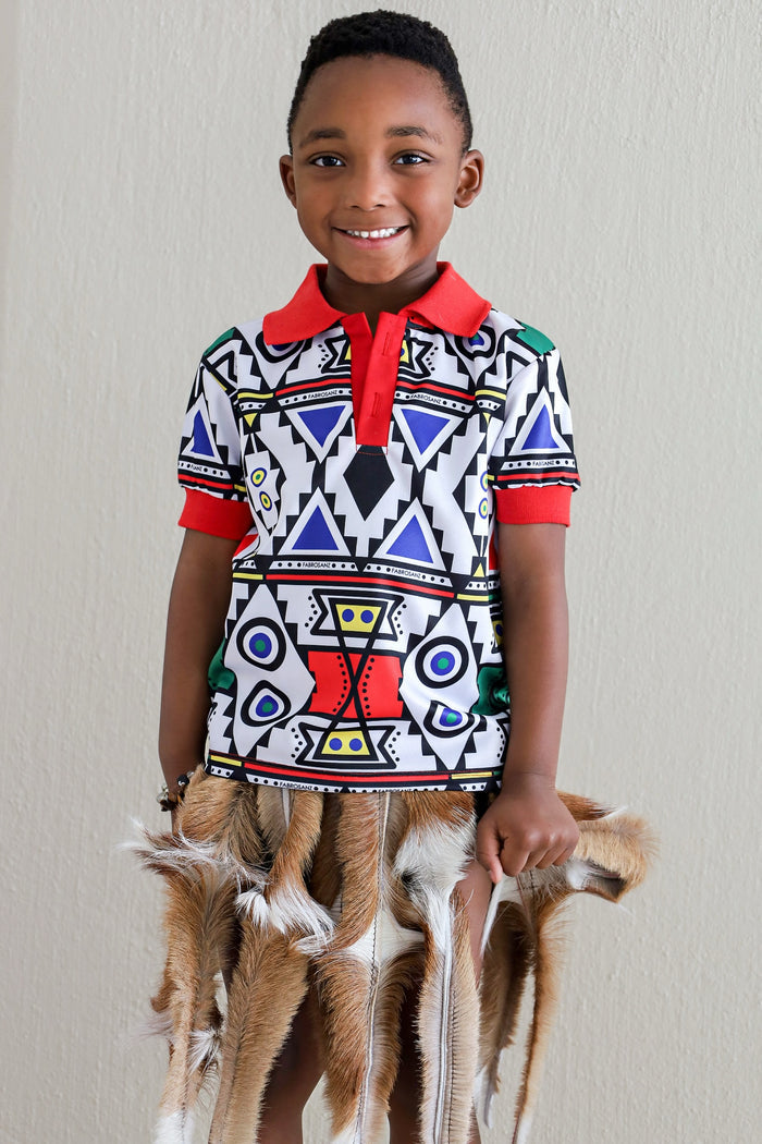 Fabrosanz: Red Nguni Print Golf Shirt-Kids