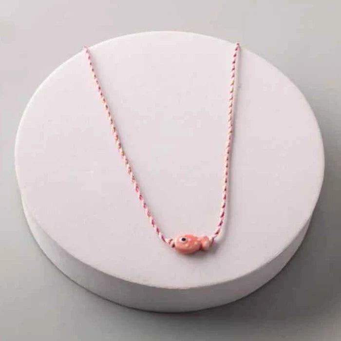 Handmade Ceramic Little Fish Braided Necklace - Whimsical Nautical Jewelry (NK8584)