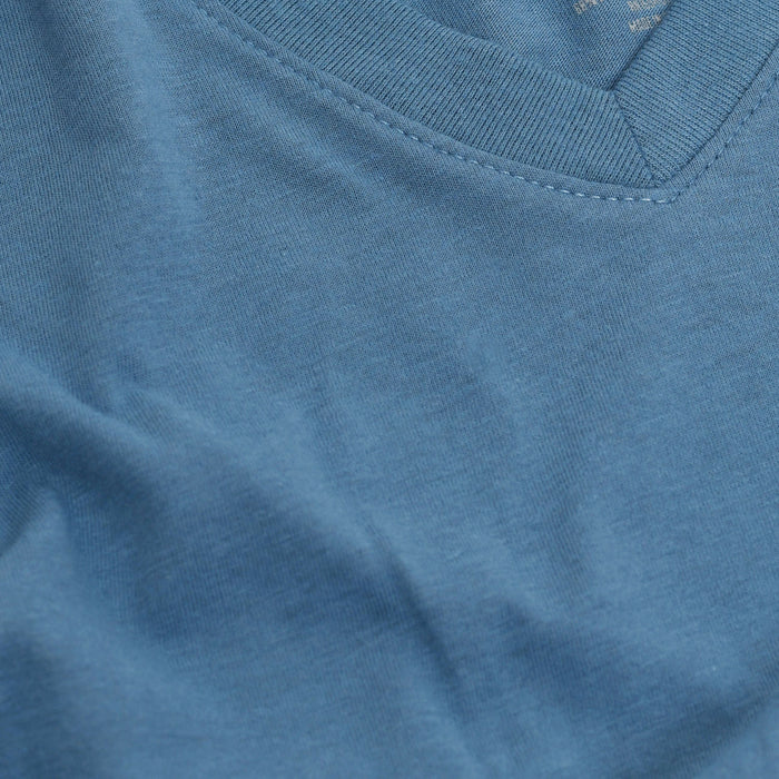 Indigo Classic V-Neck, close-up of soft knit collar.