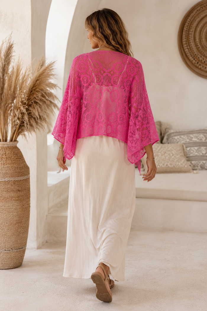 Lace Tie Front Shrug Fuchsia