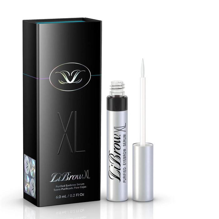 LiBrow® Purified Eyebrow Serum (3 & 6 Month Supply) | LiLash Beauty product packaging and opened silver applicator tube highlighting skincare for eyebrow enhancement.