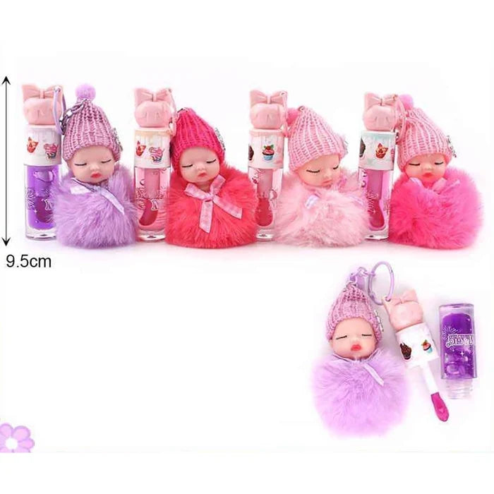 Magic Your Life Sleeping Baby Doll Lip Gloss Keychain Set – Cute Fluffy Pom Pom Shimmering Liquid Lip Tint & Keyring Charm for Girls & Teens (9.5cm) (SN29)