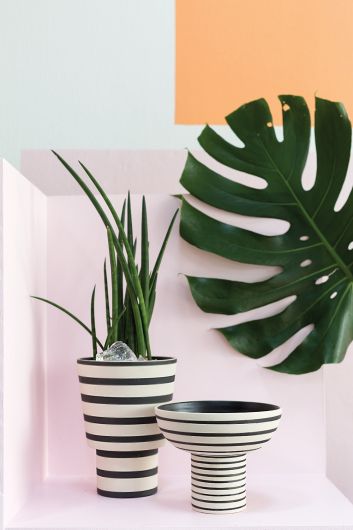 matte finish black and white stripe contemporary ceramic pot