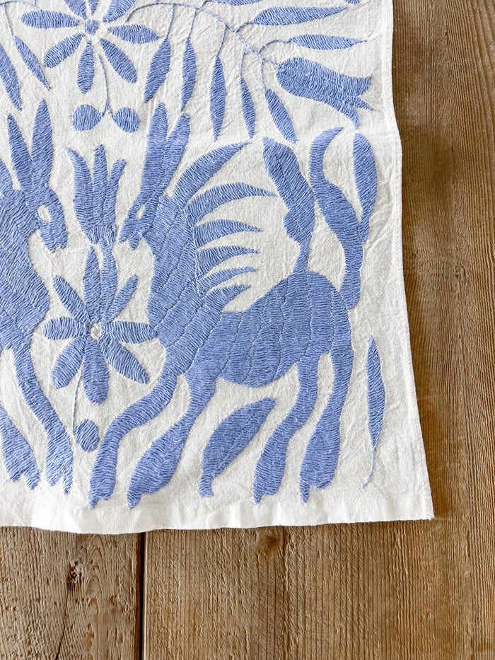 Mexican embroidered Otomi table runner folk art light purple blue