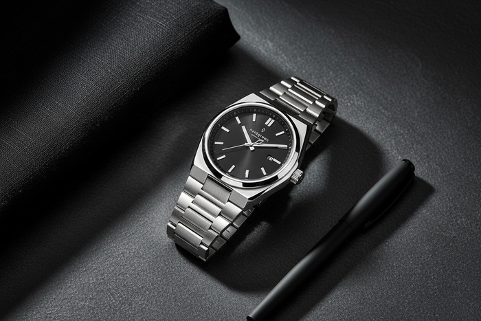 Nordgreen Succession 41mm Black Dial watch flat lay on dark slate with black linen