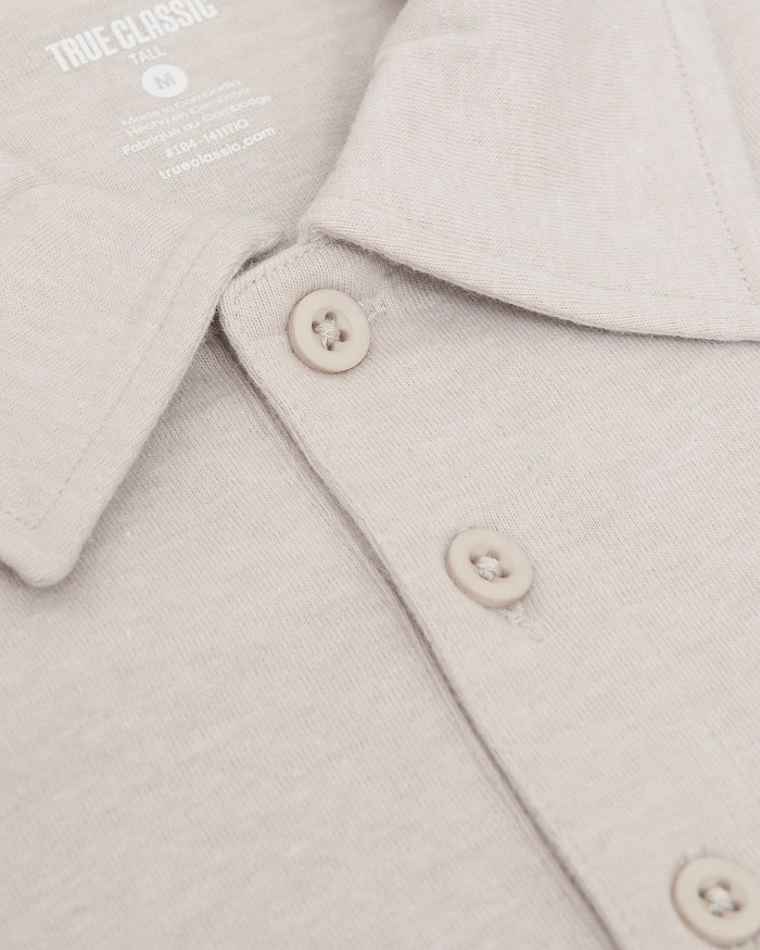 Oatmeal Short Sleeve Tall Polo close-up showing collar and buttons.