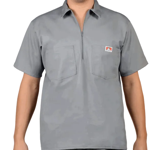 Ben Davis solid half-zip short-sleeve work shirt in light grey with chest pocket, big and tall sizing