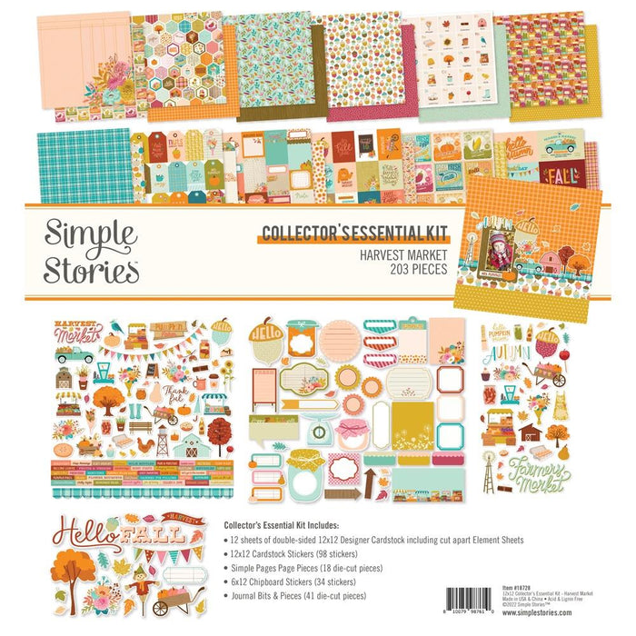 Simple Stories - Collector's Essential Kit 12"X12" - Harvest Market. 12 sheets of double-sided 12x12 inch Designer Cardstock including cut apart Journal, Tags and Element Sheets and a 12x12 Sticker Sheet, Journal Bits, 6x12 inch Chipboard, Page Pieces. Available at Embellish Away located in Bowmanville Ontario Canada.