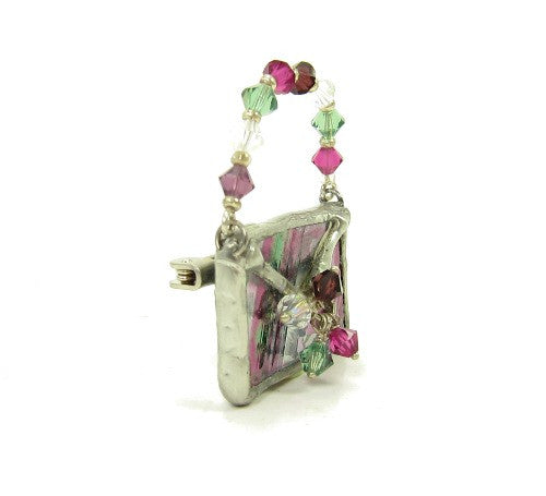 Stained Glass Purse Brooch with Swarovski Crystals