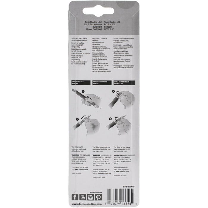 Tim Holtz - Retractable Craft Knife W/3 Blades. Perfect for crafting, rubber stamping and scrapbooking! This package contains one retractable craft knife and two spare blades. WARNING: Sharp edge. Imported. Available at Embellish Away located in Bowmanville Ontario Canada.