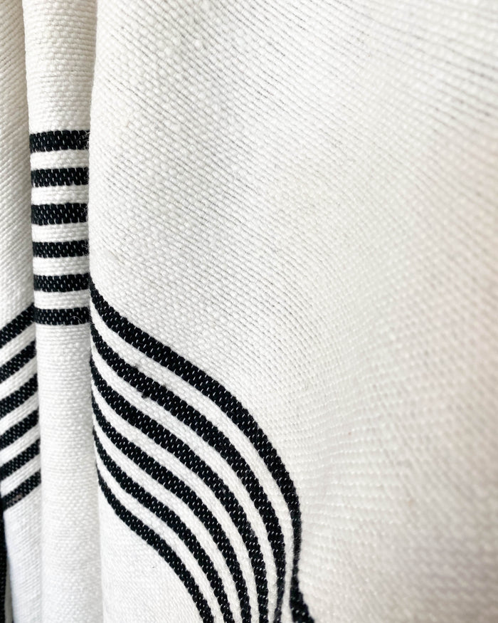 White & Black Stripe handwoven Moroccan pom pom blanket