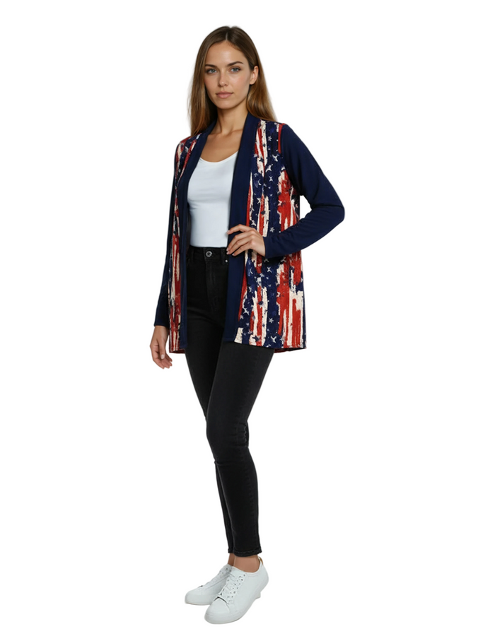 Women's Made in USA Patriotic Twist – Stars & Stripes Cardigan with Navy Sleeves - The Flag Shirt