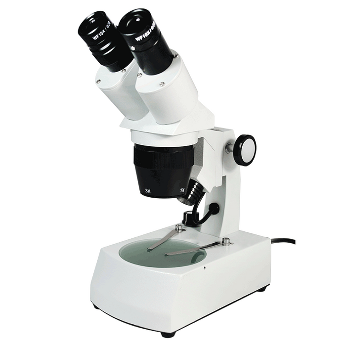 10X/30X Widefield Stereo Microscope, Binocular, Track Stand, Halogen Top and Bottom Light, Bright Field, SKU FS12120227, three quarter front view