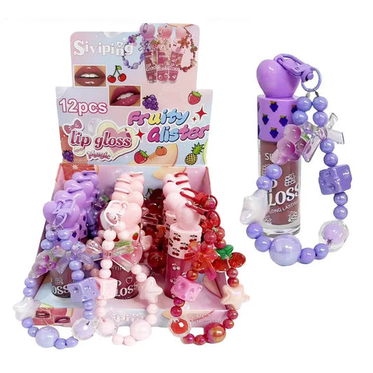 12-Piece Fruity Glister Lip Gloss Set with Beaded Keychain Charms – 3 Fruit Flavors (Grape, Strawberry, Cherry) (LLG29)