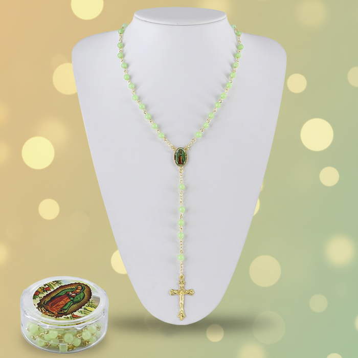 29-Inch Glow-in-the-Dark Catholic Rosary Necklace Set with Case – Our Lady of Guadalupe & St. Jude Luminous Bead Rosaries, Bulk 12-Piece Pack (GMR-346)