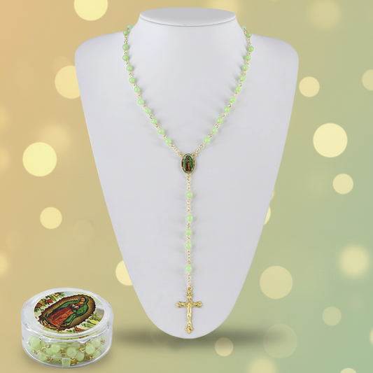 29-Inch Glow-in-the-Dark Catholic Rosary Necklace Set with Case – Our Lady of Guadalupe & St. Jude Luminous Bead Rosaries, Bulk 12-Piece Pack (GMR-346)