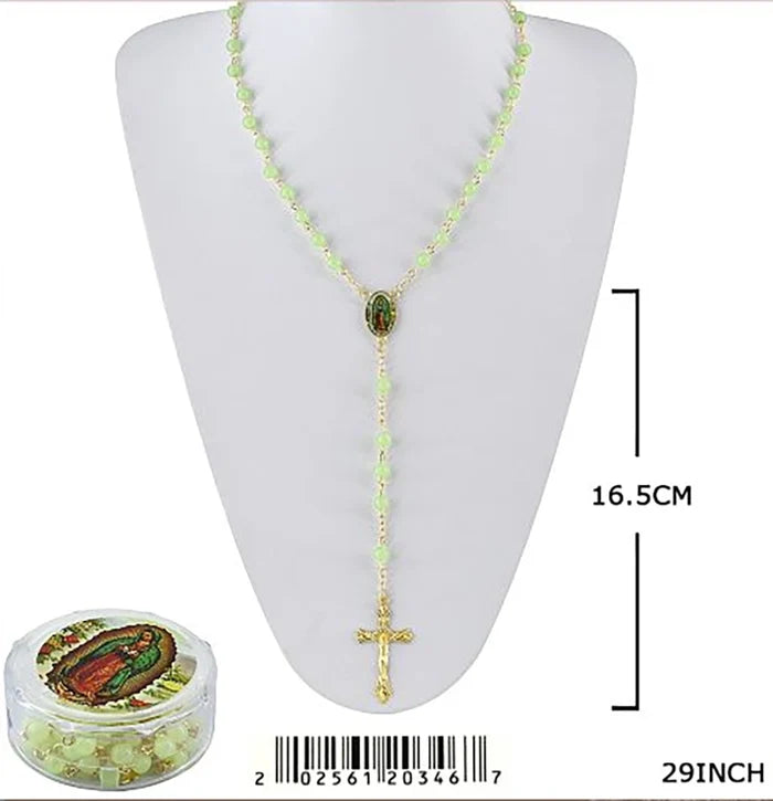 29-Inch Glow-in-the-Dark Catholic Rosary Necklace Set with Case – Our Lady of Guadalupe & St. Jude Luminous Bead Rosaries, Bulk 12-Piece Pack (GMR-346)