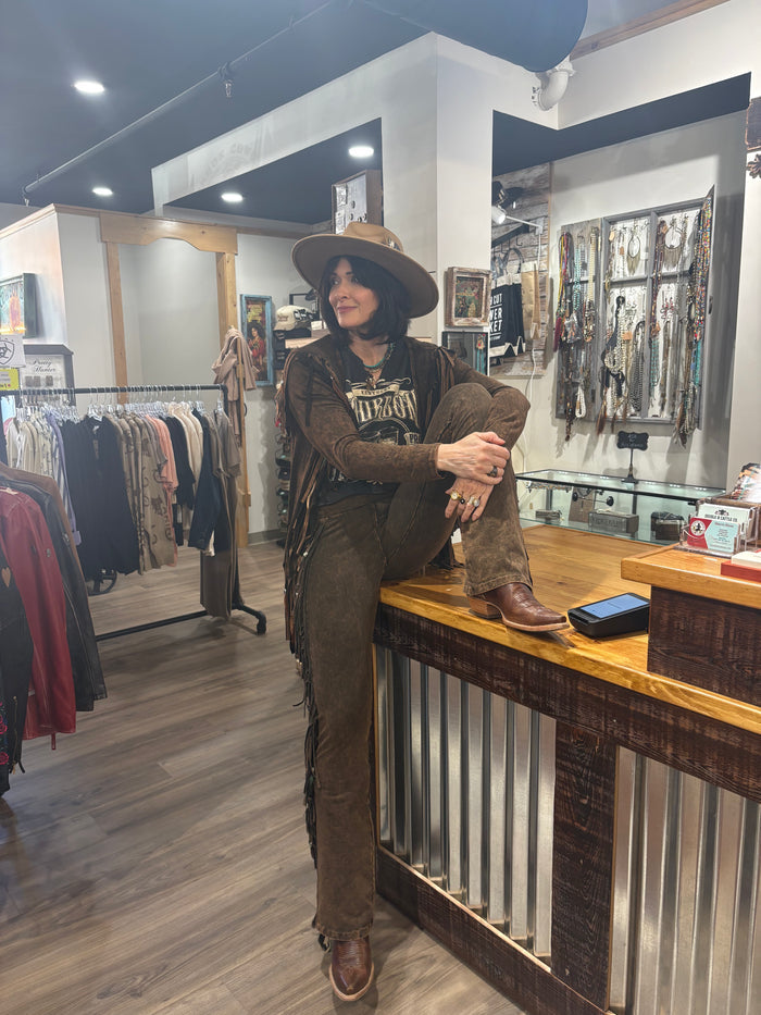 Short V Back Fringed and Feathered Jacket by Pat Dahnke -Brown
