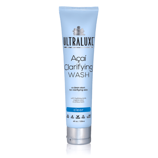 Tube of Acai Clarifying Wash | Ultraluxe Skincare in light blue packaging, designed for clarifying skin with natural ingredients, promoting gentle and effective skincare.