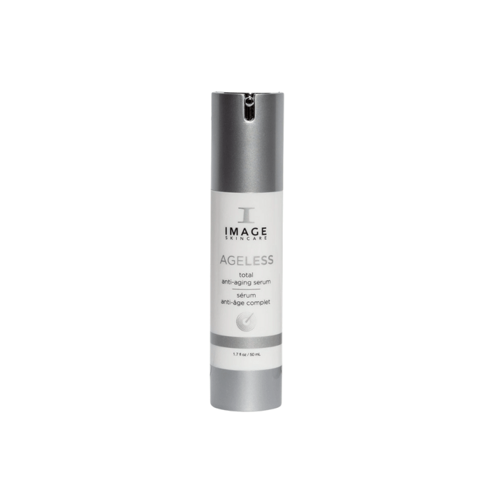 Bottle of AGELESS total anti-aging serum | IMAGE Skincare with a sleek silver and white design, promoting advanced skincare for anti-aging benefits.