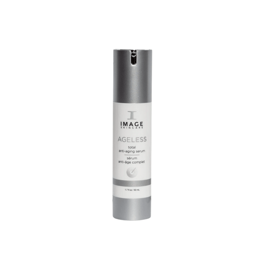 Bottle of AGELESS total anti-aging serum | IMAGE Skincare with a sleek silver and white design, promoting advanced skincare for anti-aging benefits.
