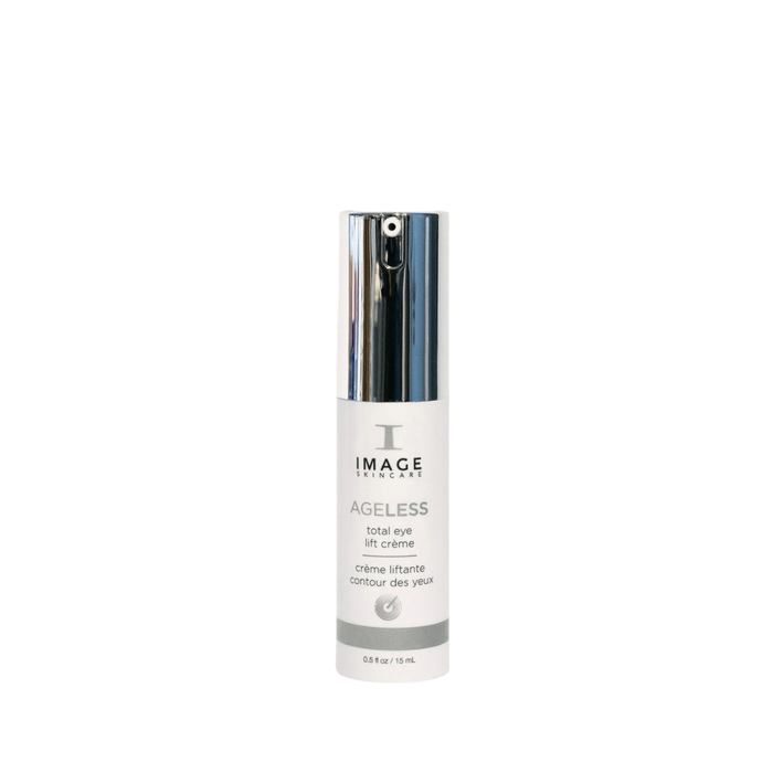 Bottle of AGELESS total eye lift crème | IMAGE Skincare with a sleek silver pump dispenser for targeted skincare and eye area rejuvenation.