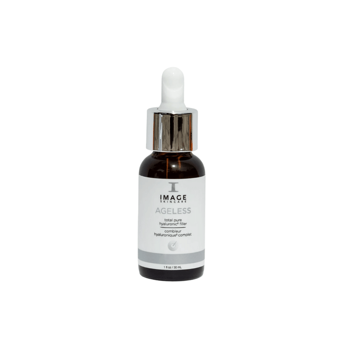 Bottle of AGELESS total pure hyaluronic 6 filler | IMAGE Skincare serum with dropper, designed for skincare and hydration benefits.