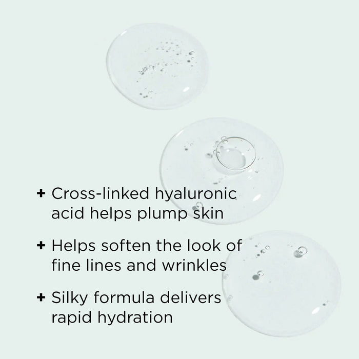 Clear gel drops with text highlighting benefits including plumping skin, softening fine lines and wrinkles, and delivering rapid hydration for AGELESS total pure hyaluronic 6 filler | IMAGE Skincare.
