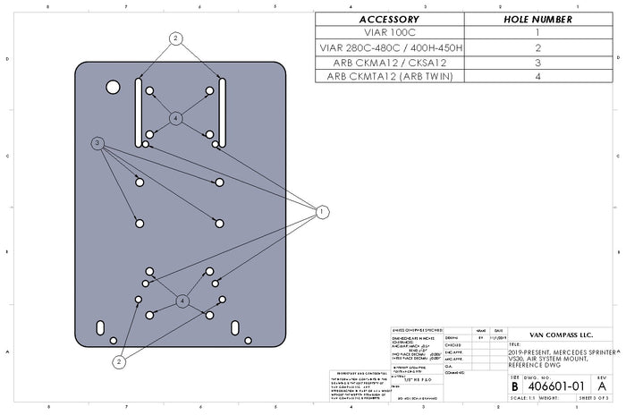 Blueprint of the AIR SYSTEM MOUNT - SPRINTER (2019+) by VAN COMPASS, showing a detailed diagram for mounting various air compressors in a 2019+ Mercedes Sprinter.