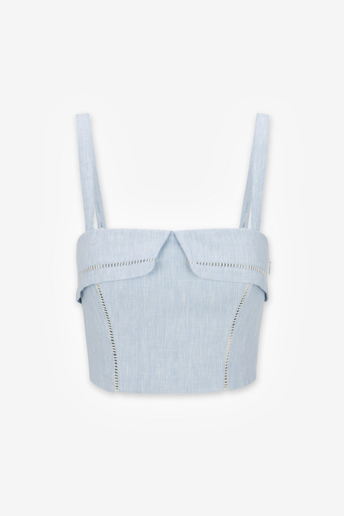 HEVRON Alba Top Sky Blue Linen Bustier Top, product front view