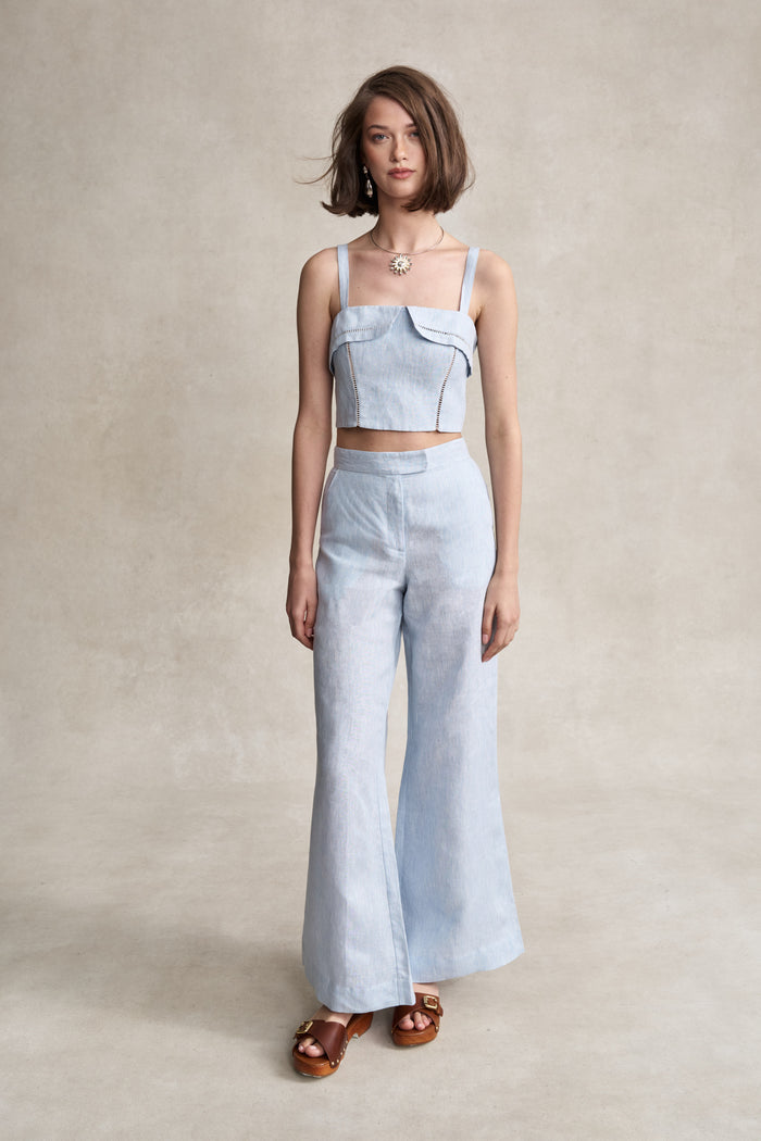 HEVRON Alba Top Sky Blue Linen Bustier Top, studio shot