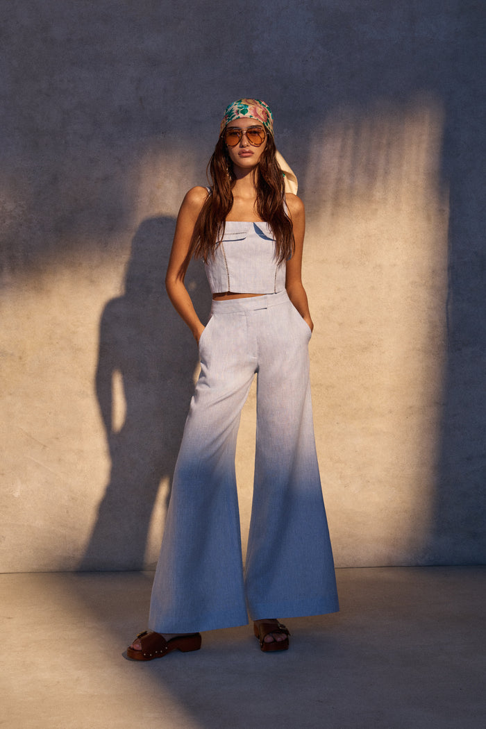HEVRON Alba Top Sky Blue Linen Bustier Top, editorial lookbook image