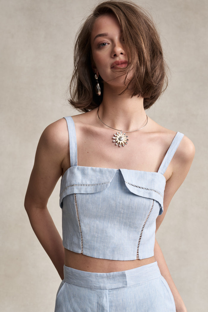 HEVRON Alba Top Sky Blue Linen Bustier Top, studio shot