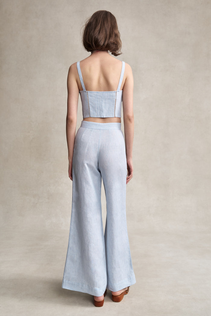 HEVRON Alba Top Sky Blue Linen Bustier Top, studio shot