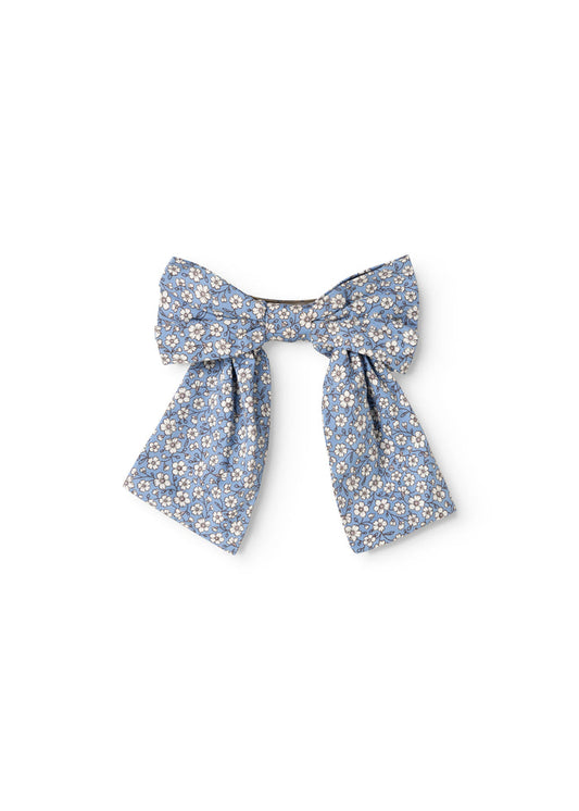 Blue hair clip with bow in small flowers and knot-like ribbon