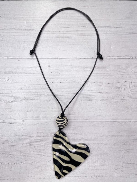 Alisha D Black White Heart Pendant Statement Necklace Adjustable Cord