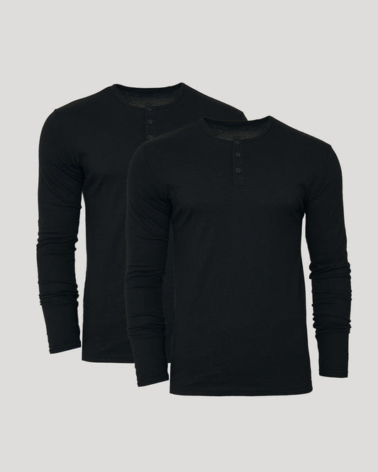 Two black long-sleeve henley shirts on a light gray background