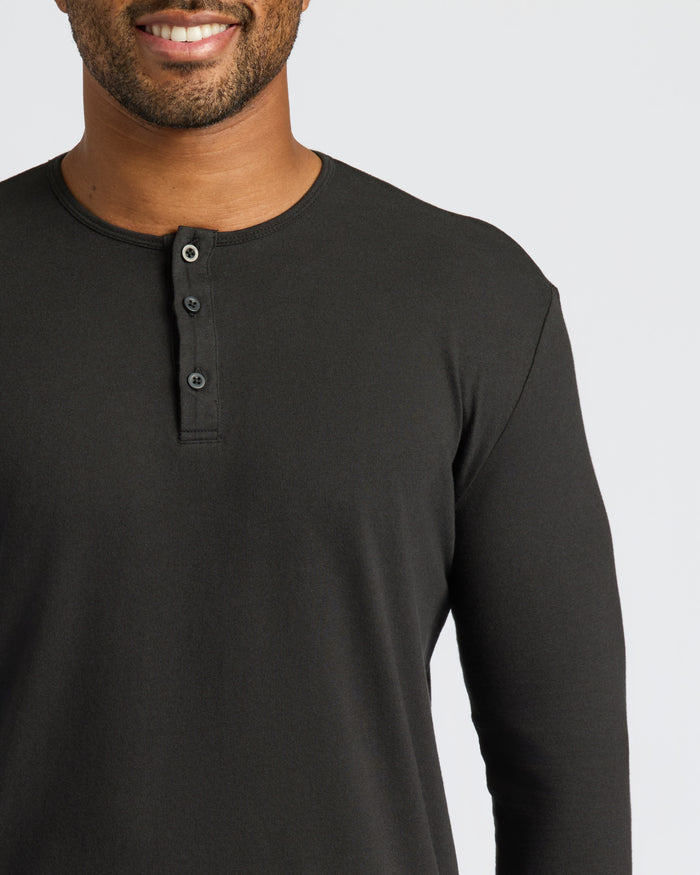 Man wearing Black Long Sleeve Henley, buttons at collar visible.