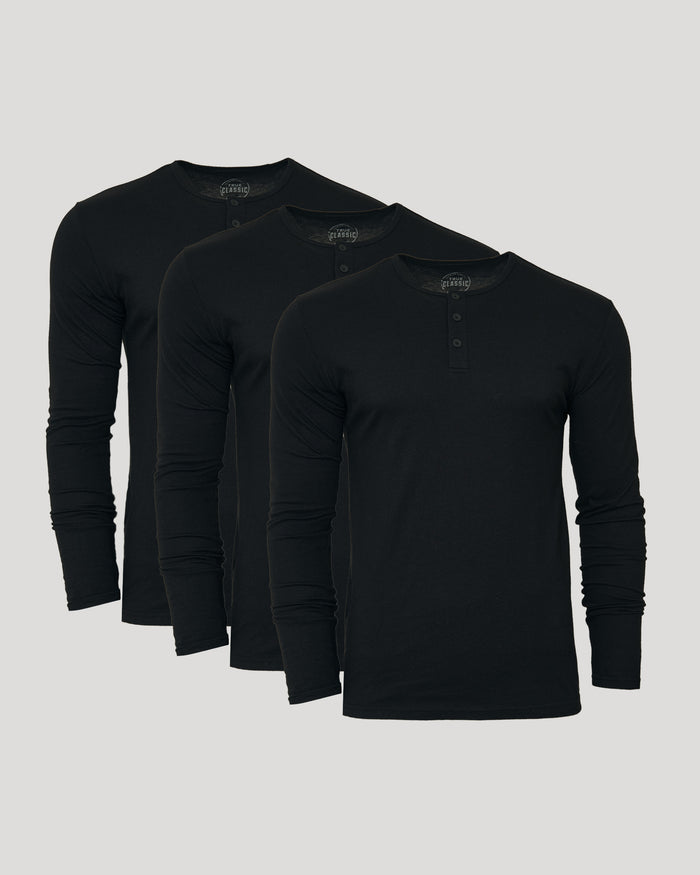 All Black Classic Henley 3-Pack laid side-by-side.