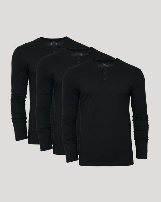 All Black Classic Henley 3-Pack laid side-by-side.